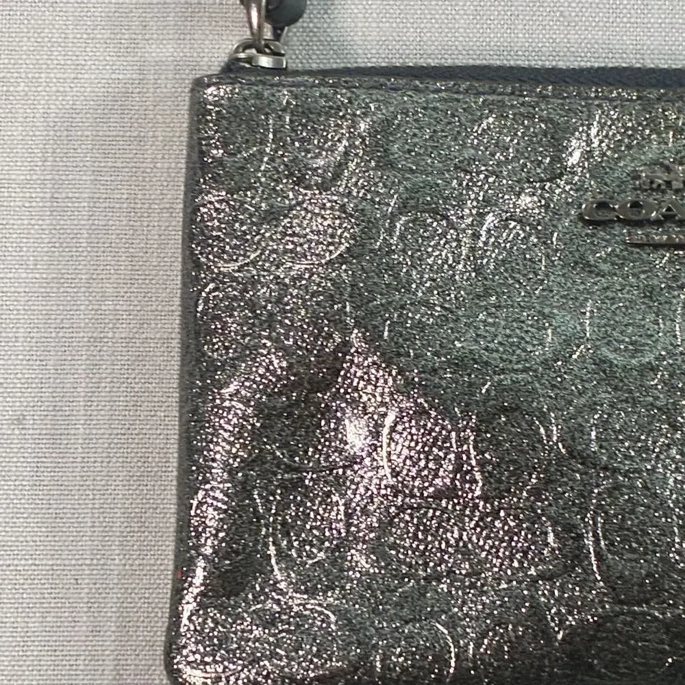 Coach Metallic Signature Embossed Leather Wristlet Black Gunmetal Zip Pouch